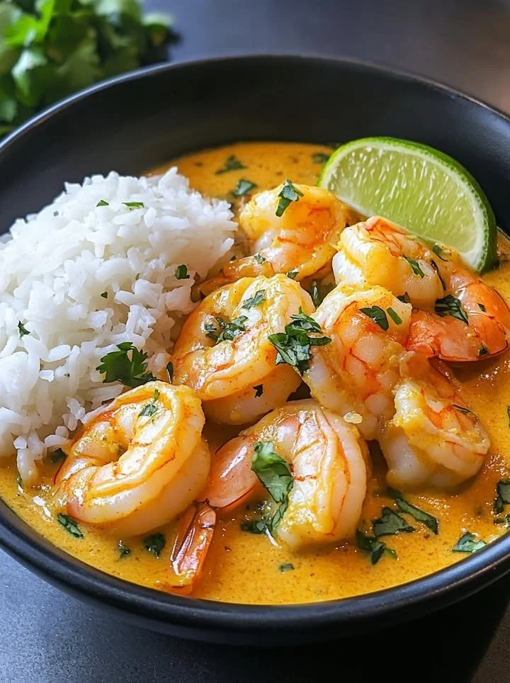 Delicious Coconut Curry Shrimp served in a bowl with fresh herbs.