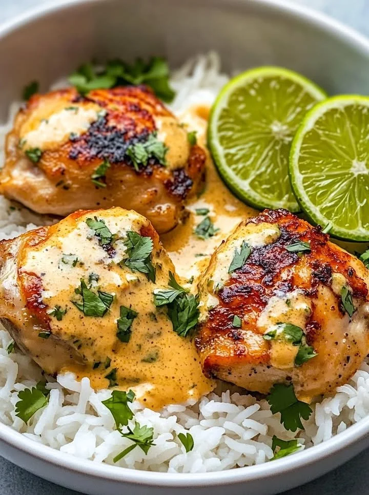 Plate of Coconut Lime Chicken served with rice and garnished with lime slices