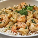 Plate of Coconut Lime Shrimp served with jasmine rice and garnished with lime wedges.
