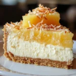 Delicious Coconut Pineapple Cheesecake topped with coconut flakes and pineapple slices