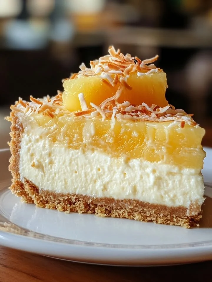 Delicious Coconut Pineapple Cheesecake topped with coconut flakes and pineapple slices