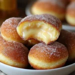 Delicious condensed milk and cinnamon doughnut puffs served on a plate.