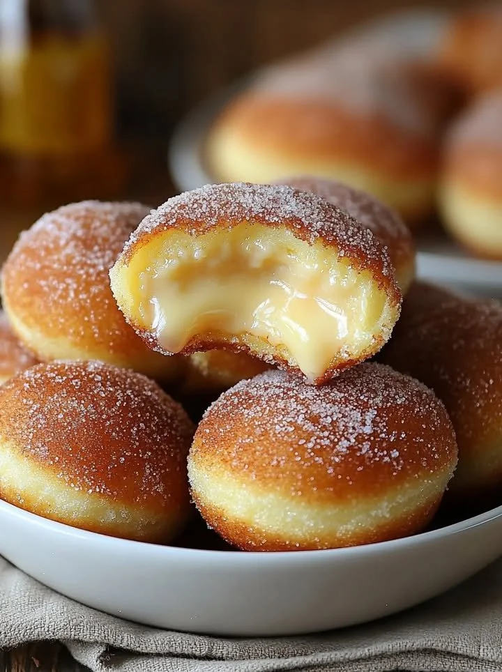 Delicious condensed milk and cinnamon doughnut puffs served on a plate.