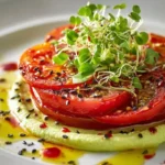 Confited tomato slices with avocado-lime swirl garnished on a plate.