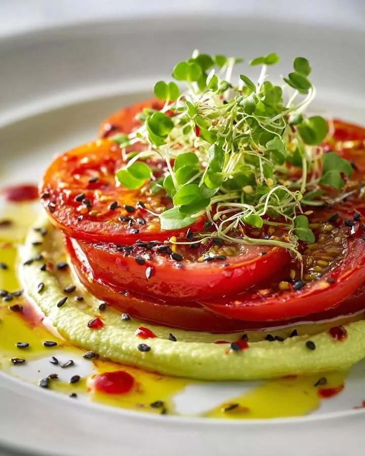 Confited tomato slices with avocado-lime swirl garnished on a plate.