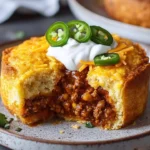 Delicious Cornbread Chili Pot Pie served in a bowl with cornbread crust