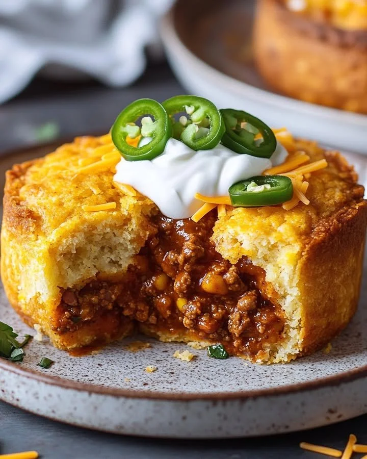 Delicious Cornbread Chili Pot Pie served in a bowl with cornbread crust