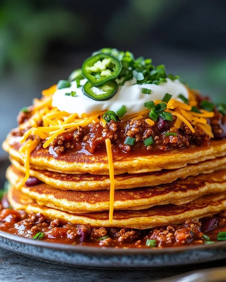 Delicious cornbread pancakes served with hearty breakfast chili.