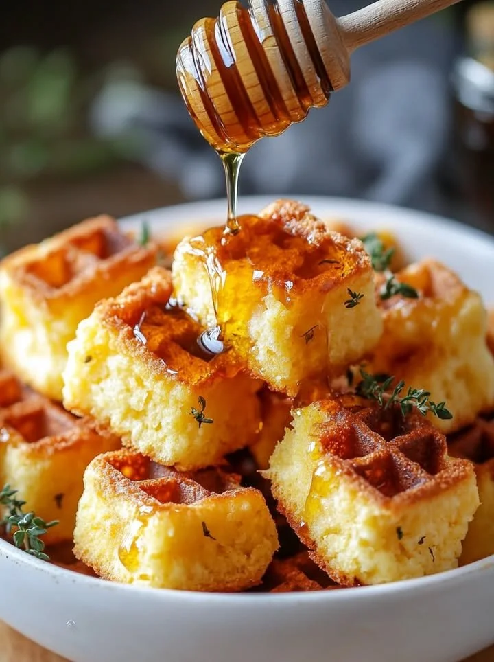 Delicious cornbread waffle bites topped with smoked gouda and honey glaze
