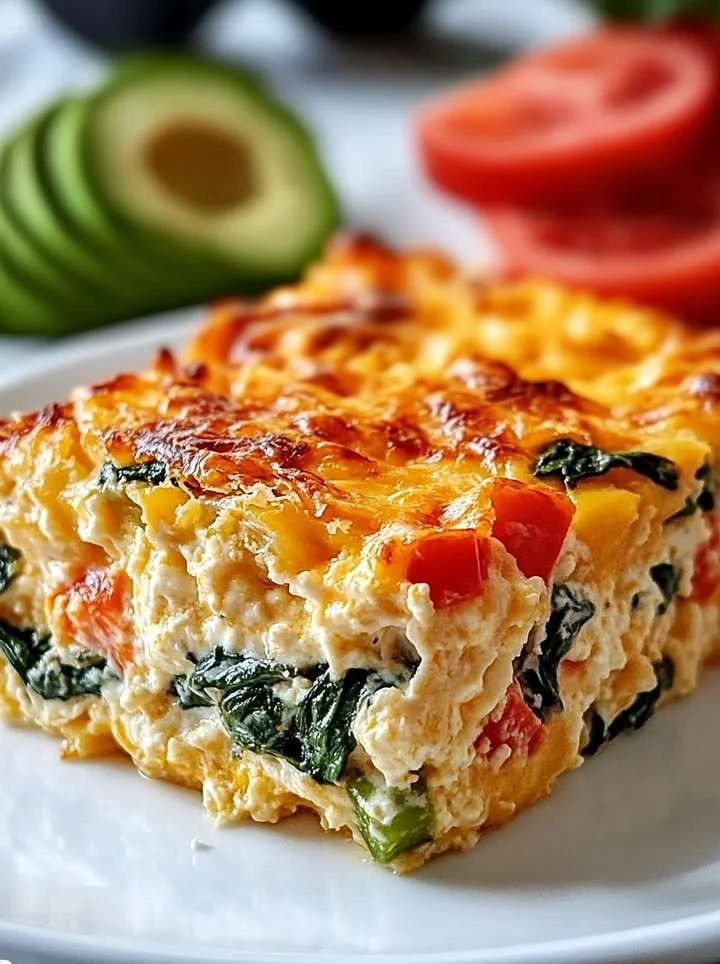 Baked cottage cheese with assorted vegetables in a baking dish