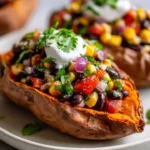Cowboy Caviar stuffed sweet potatoes served on a plate