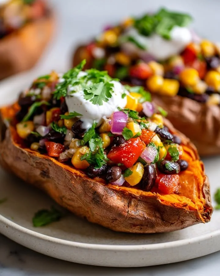 Cowboy Caviar stuffed sweet potatoes served on a plate