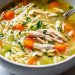 Bowl of cozy Lemon Chicken Orzo Soup garnished with fresh herbs