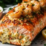 Crab and shrimp stuffed salmon dish garnished with herbs and lemon slices