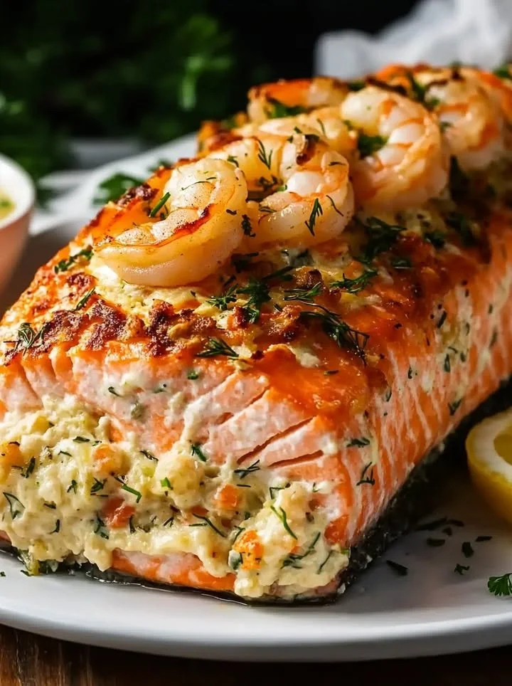 Crab and shrimp stuffed salmon dish garnished with herbs and lemon slices
