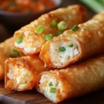 Crispy Crab Rangoon Egg Rolls on platter, garnished with dipping sauce