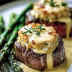 Delicious Crab-Stuffed Beef Tenderloin drizzled with Béarnaise sauce on a plate