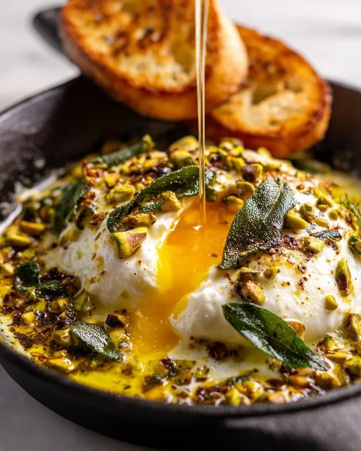 Cracked Pistachio Burrata Skillet topped with crushed pistachios and herbs