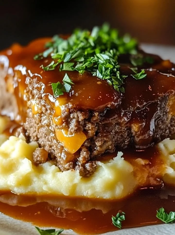 Delicious Cracker Barrel meatloaf served with mashed potatoes and gravy.