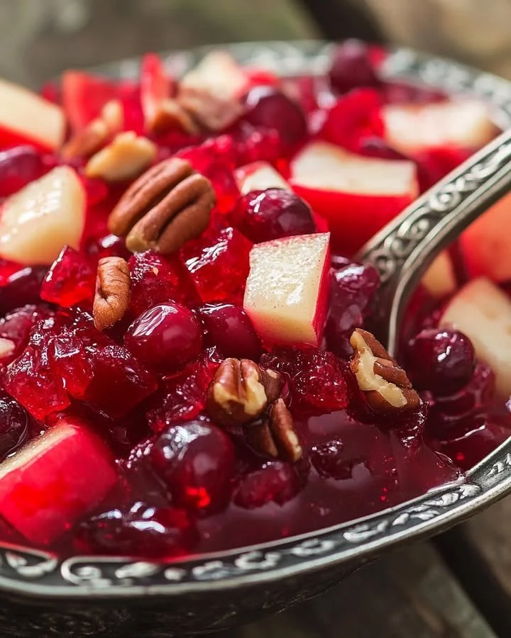 Delicious Cranberry Apple Jello Salad served in a festive bowl