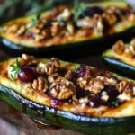 Cranberry and goat cheese stuffed zucchini boats ready to serve