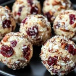 Cranberry Nut Cream Cheese Balls garnished with nuts and cranberries on a platter