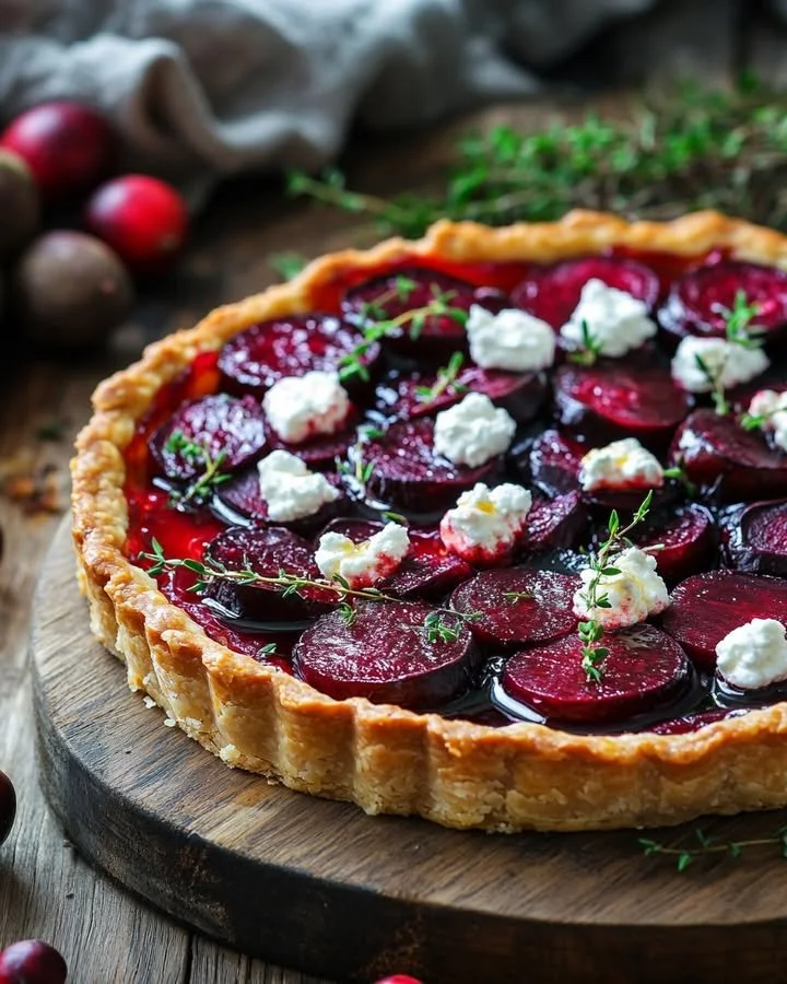 Slice of Cranberry & Roasted Beet Tart on a white plate with fresh herbs