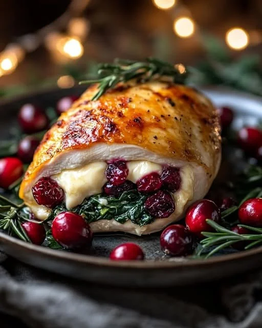 Cranberry and spinach stuffed chicken breasts with brie cheese