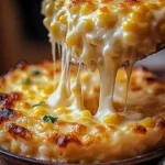 Cream cheese corn casserole served in a rustic dish.