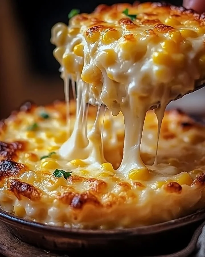 Cream cheese corn casserole served in a rustic dish.
