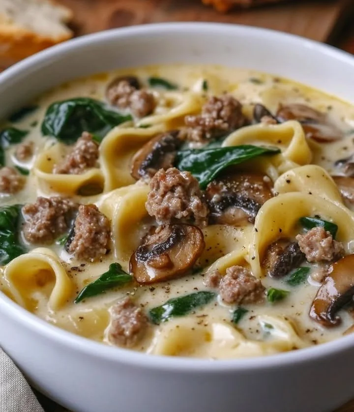 Creamy Alfredo Lasagna Soup in a bowl garnished with herbs