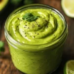 Creamy avocado sauce served in a bowl, garnished with herbs.