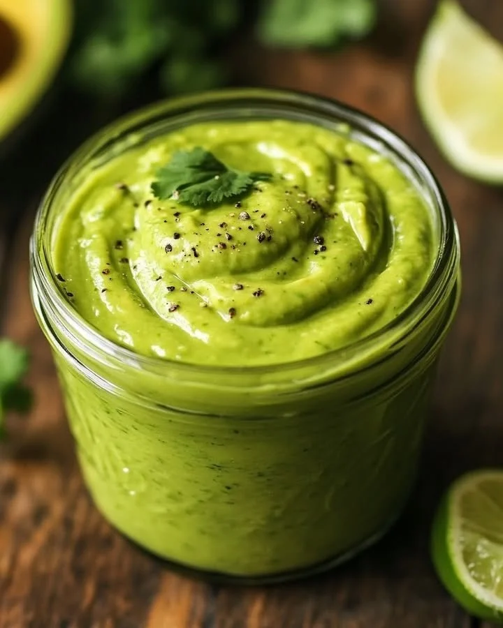 Creamy avocado sauce served in a bowl, garnished with herbs.
