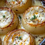 Creamy baked onions topped with asiago cheese, a delicious savory dish.