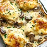 Creamy Chicken Mushroom Bake dish presented in a baking dish, garnished with herbs.