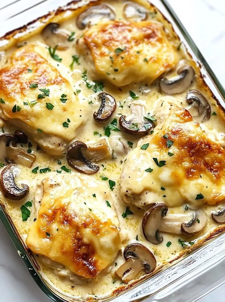 Creamy Chicken Mushroom Bake dish presented in a baking dish, garnished with herbs.