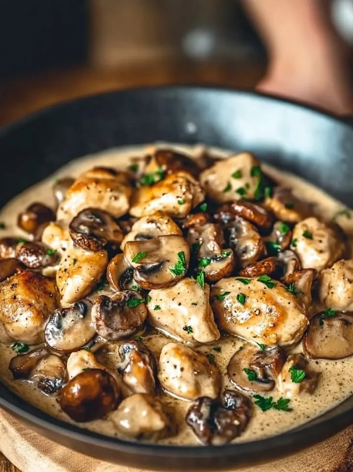 Creamy Chicken with Mushrooms and Dijon Sauce served on a plate.