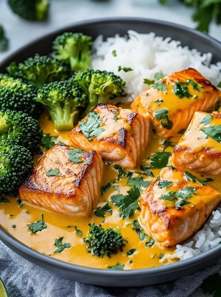 Creamy coconut curry salmon served with tender broccoli on a plate