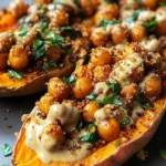 Creamy and crispy sweet potatoes topped with spiced chickpeas and tahini butter sauce