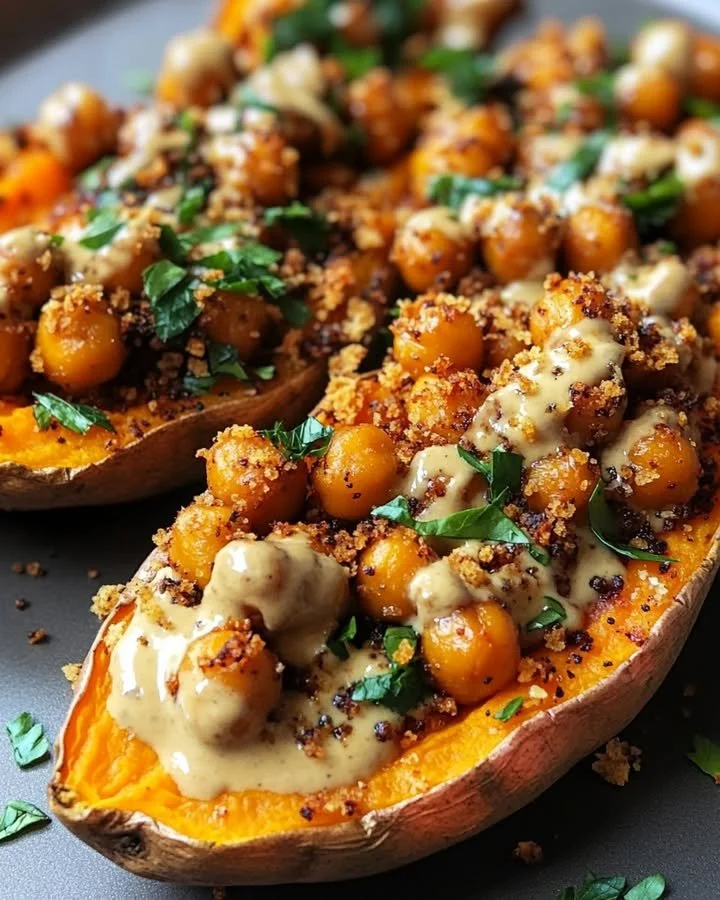Creamy and crispy sweet potatoes topped with spiced chickpeas and tahini butter sauce