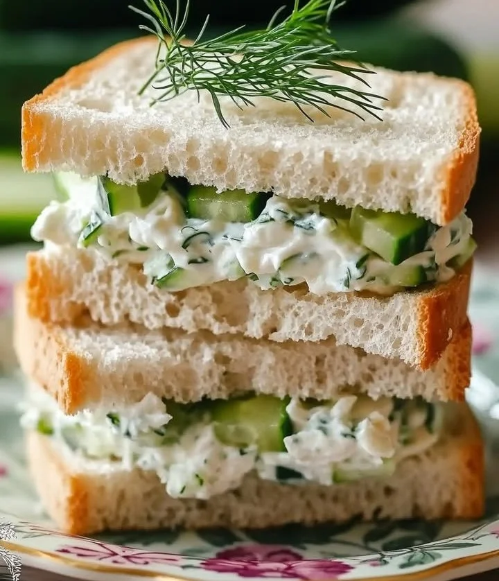 Creamy cucumber tea sandwiches on a platter, perfect for afternoon tea.