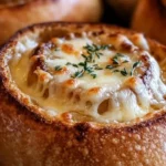 Creamy French onion soup served in sourdough bread bowls.