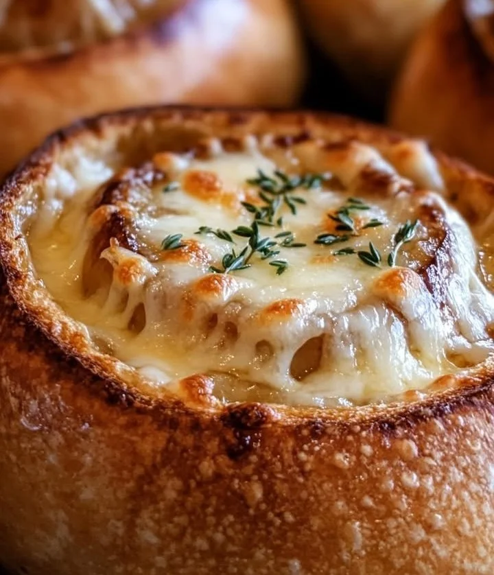 Creamy French onion soup served in sourdough bread bowls.