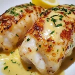 Creamy garlic butter lobster tails served on a plate with herbs and lemon.