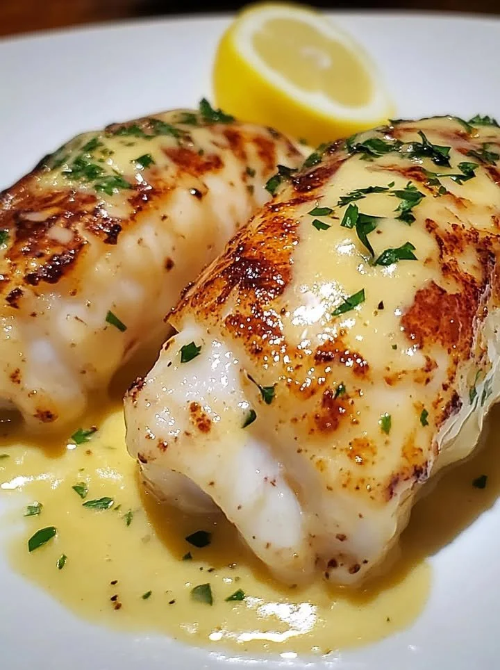 Creamy garlic butter lobster tails served on a plate with herbs and lemon.