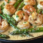 Creamy garlic butter shrimp served with asparagus in a skillet