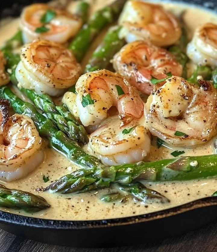 Creamy garlic butter shrimp served with asparagus in a skillet