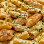 Delicious creamy garlic chicken pasta with Italian seasoning in a bowl