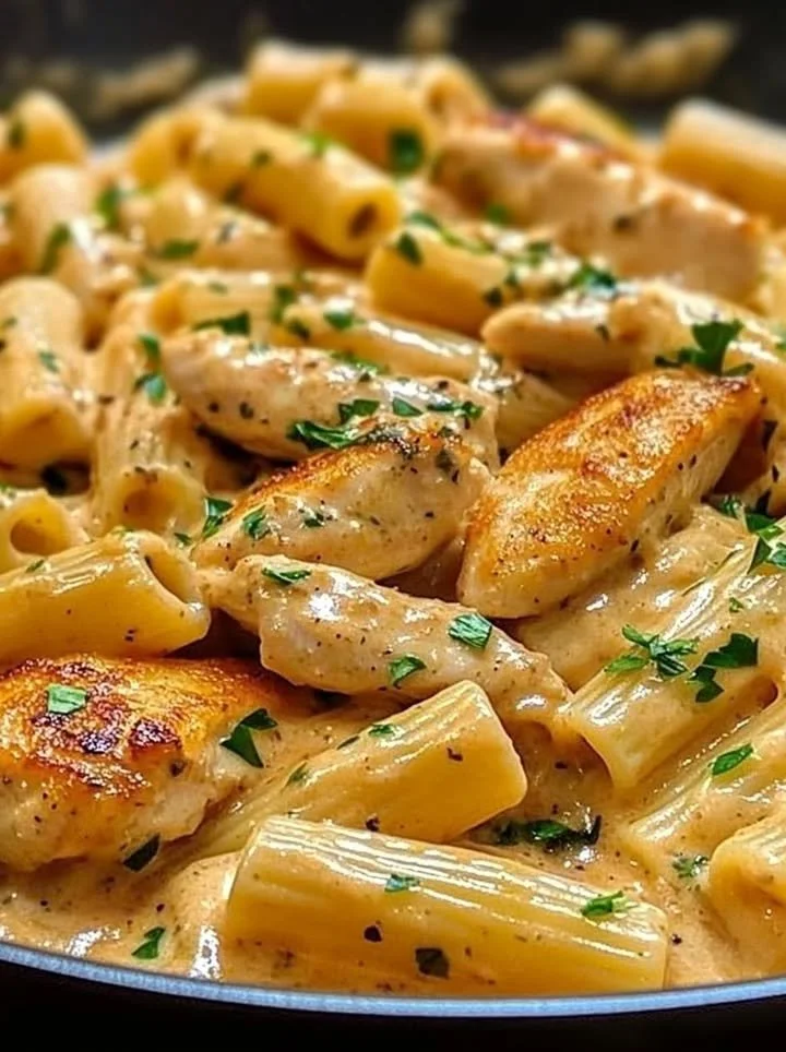 Delicious creamy garlic chicken pasta with Italian seasoning in a bowl