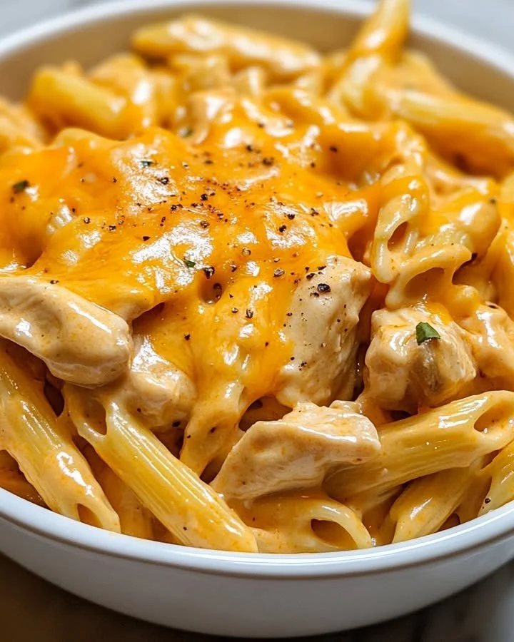 Creamy Honey BBQ Chicken with Cheddar Pasta served in a bowl
